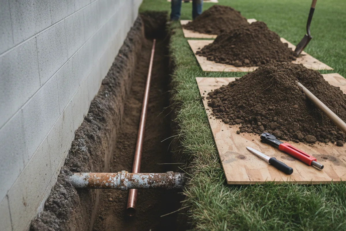 Excavated water line trench during Water Softener Installation in Argos